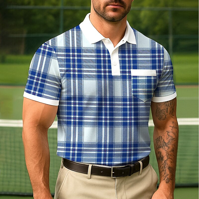 Men's Color Block Polo Short Sleeve Turndown Business Casual Daily Sports & Outdoor Athleisure Casual Daily Pocket Buttons Summer Robin's Egg Blue ash-colored