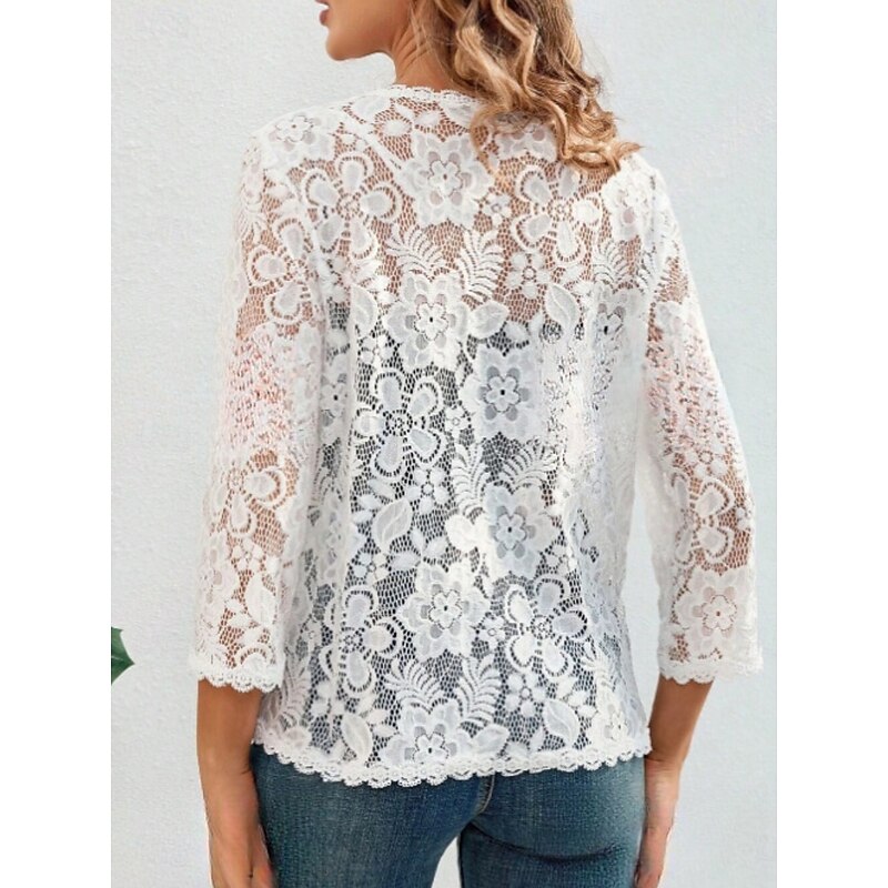 Women's Casual Jacket Breathable Comfortable Lace Patchwork Casual Plain Vacation Street Casual Daily Wear Single Breasted Regular V Neck Regular Fit Long Sleeve Outerwear White Summer Spring2