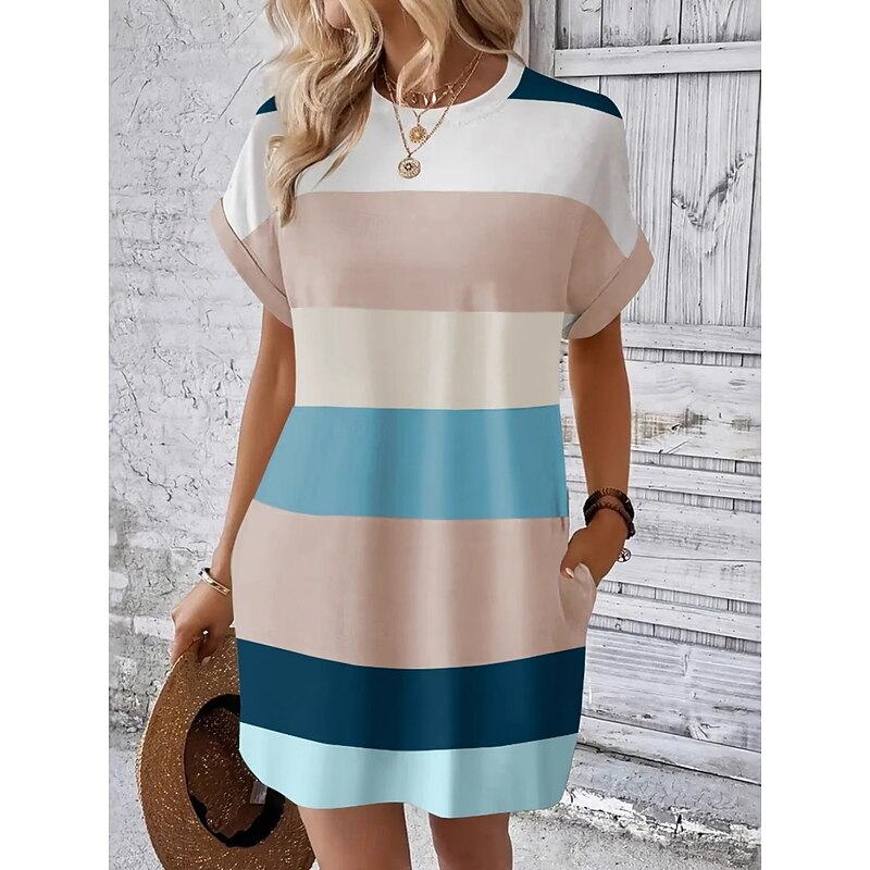 Women's Mini Dress T Shirt Dress Tee Dress Shift Dress Casual Outdoor Daily Holiday Regular Fit Stripe Short Sleeve Crew Neck Pink Sky Blue Brown Green Summer4