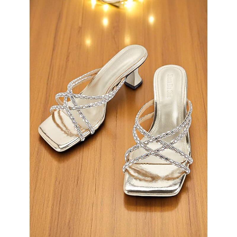 Women's Gold Rhinestone  Slip-On Kitten Heels with Crisscross Straps, Open-Toe Square Design for White Parties Cocktail Events,  Glamorous Evening Outfits4