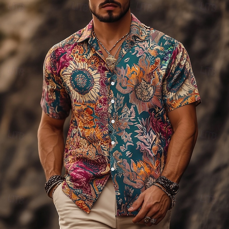 Men's Vintage Indian Boho Shirt Summer Hawaiian Shirt Button Up Shirt Short Sleeve Hawaiian Vacation Holiday Beach Wear Summer Spring Turndown 3D Print Collared Shirts Blue Orange2