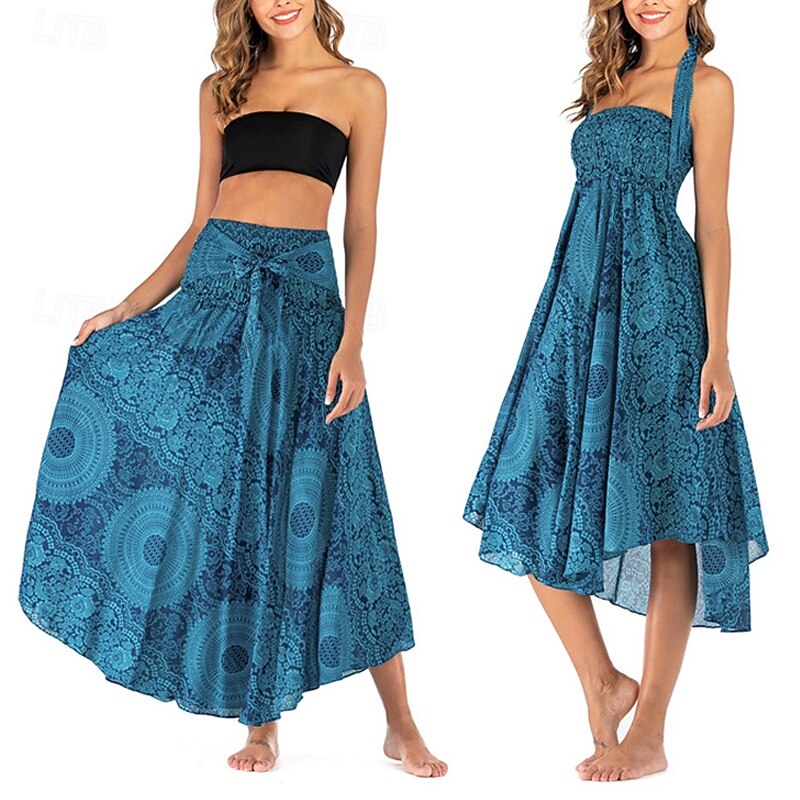 Women's Skirt A Line Swing Casual Boho Maxi High Waist Skirts Floral Print Micro-elastic Vacation Holiday Black Blue Orange Green Summer Polyester
