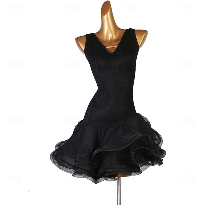 Women Sling V Neck Latin Dance Dresses Black Backless Latin Competition Dress Ballroom Salsa Samba Cha Cha Costume