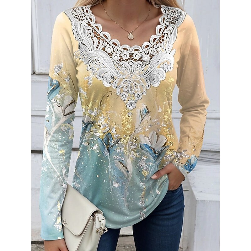 Women's Lace Splicing Top Floral Stylish Ethnic Casual Long Sleeve V Neck Regular Tops Daily Lace Patchwork Print Black Yellow Pink Blue Summer Spring4