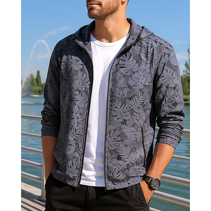 Men's Running Jacket Outdoor Jacket Hooded Long Sleeve Top Athleisure Fall Plants Sun Protection Lightweight Breathable Hiking Running Sportswear Activewear Dark Gray Light Grey
