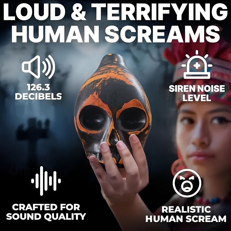 Handmade Aztec Death Whistle - Ceramic Skull-Shaped Wind Instrument Replica, Antique Yellow with Black & Orange Accents - Battery-Free Home Defense & Wild Beast Deterrent, Unique Gift for History Buff2