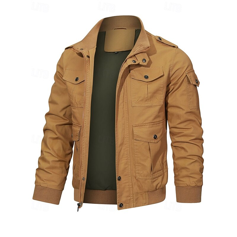 Men's Trucker Jacket Cargo Jacket Casual Jacket Vacation Daily Pocket Spring Fall Plain Fashion Classic Stand Collar Regular Black Khaki Army Green Jacket2