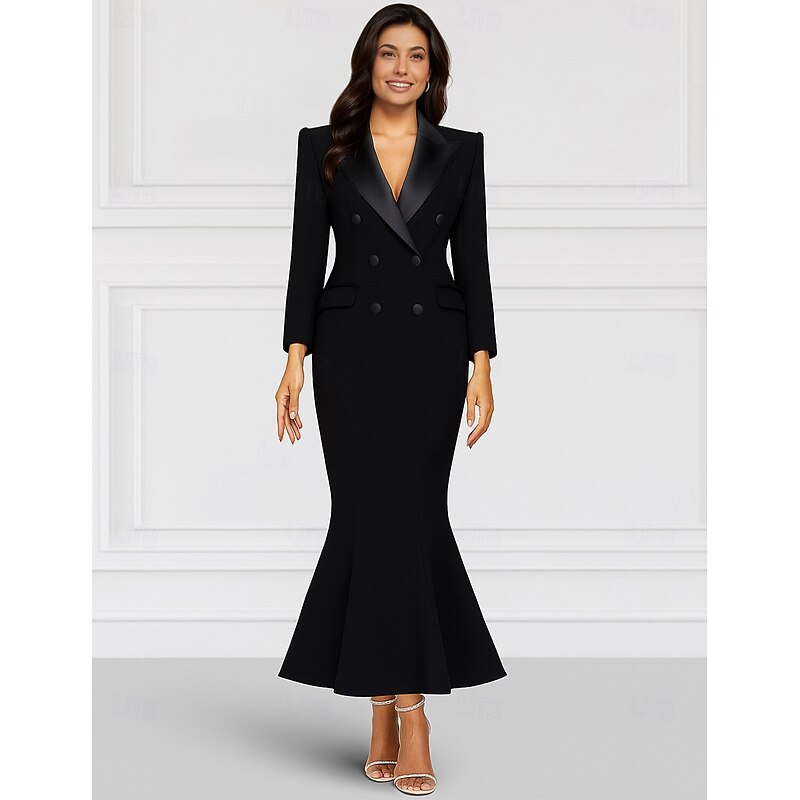 Tuxedo Dress Mermaid / Trumpet Mermaid Formal Stretch Crepe Elegant Long Sleeve Ankle Length Shirt Collar Double Breasted2