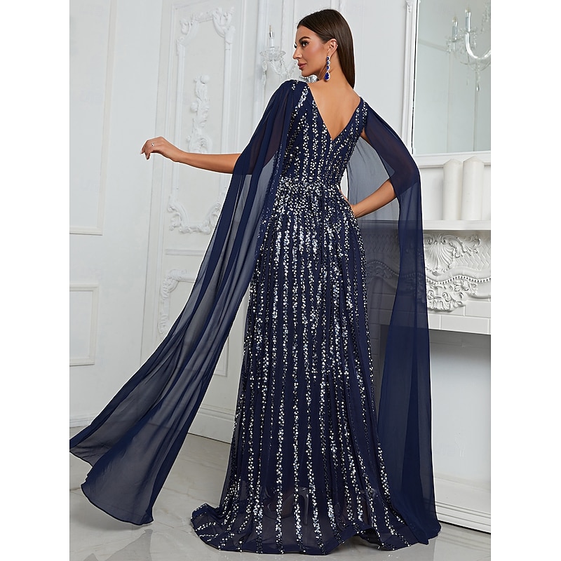 Cape Dress A-Line Evening Gown Elegant Dress Formal Wedding Floor Length Sleeveless Plunge Neck Chiffon with Glitter Sequin Lace3