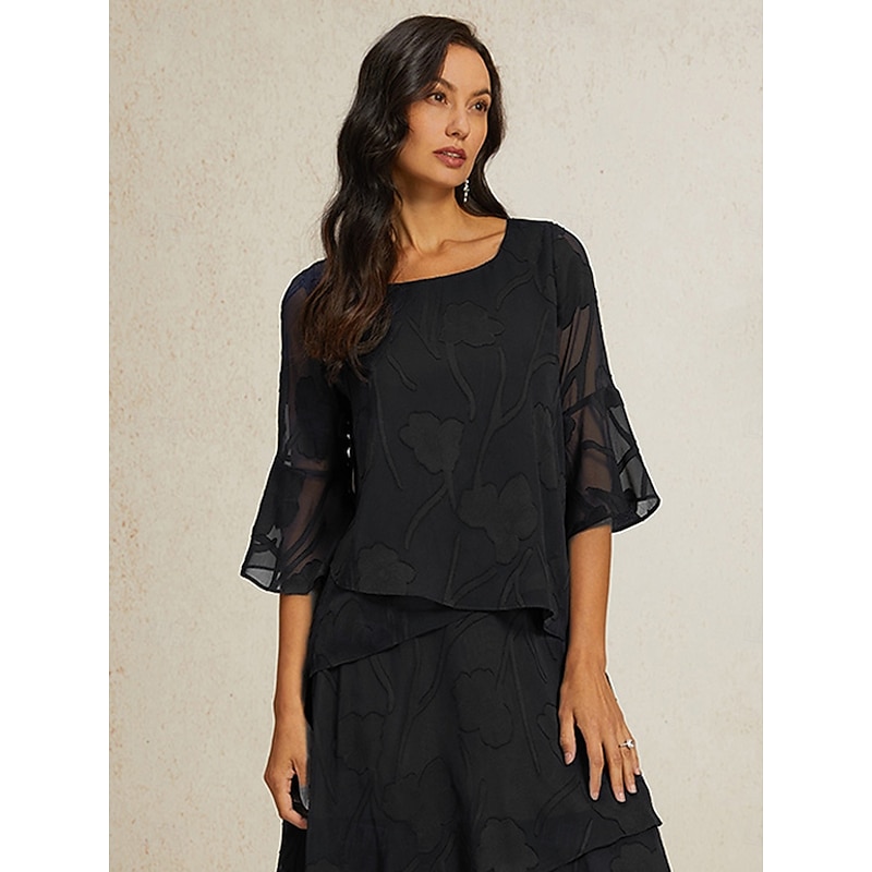 Women's Lace Shirt Blouse Dressy Tops Chiffon Tops Solid Color Floral Elegant Stylish Basic 3/4 Length Sleeve Bell Sleeve Boat Neck Regular Tops Wedding Guest Work Daily Cut Out Asymmetric Hem Black