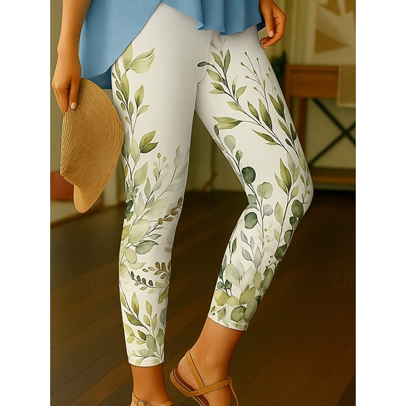 Women's Leggings Vacation Vintage Ethnic Style Ankle-Length High Waist Floral Graphic Leaf 3D Print Quick Dry Breathability Soft Stretchy Outdoor Home Causal Blue Purple Green Spring Fall Slim Fit3