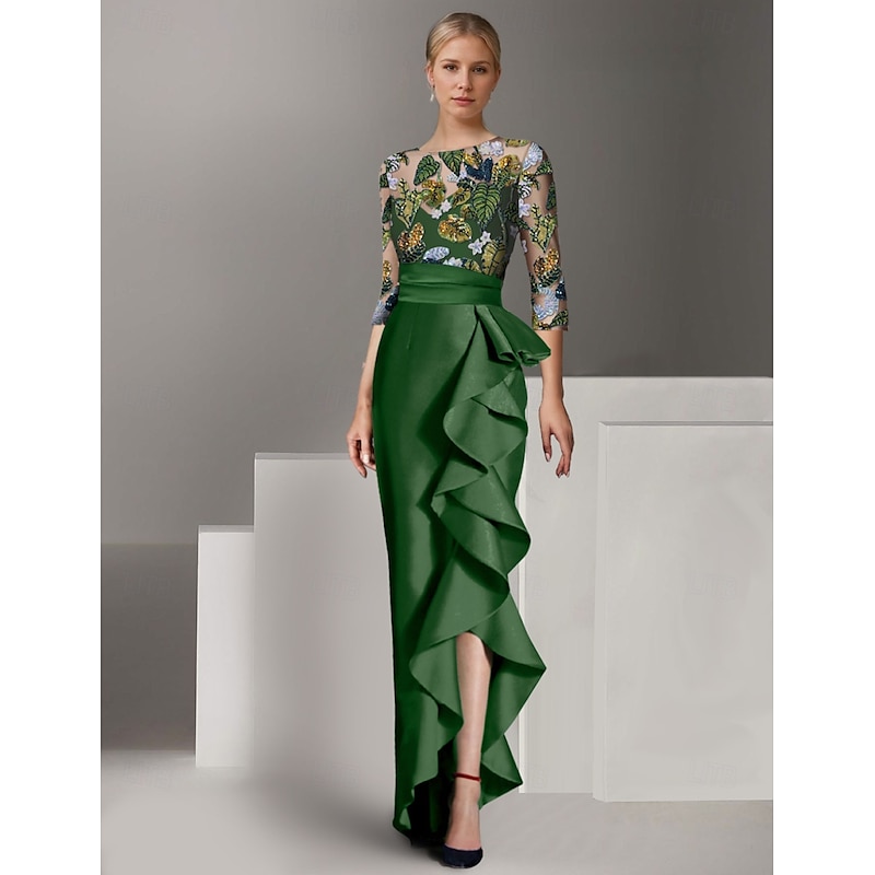 Floral Leaf Ruffles Embroidered Column Evening Gown Elegant Dress Formal Wedding Floor Length Half Sleeve Illusion Neck Satin with