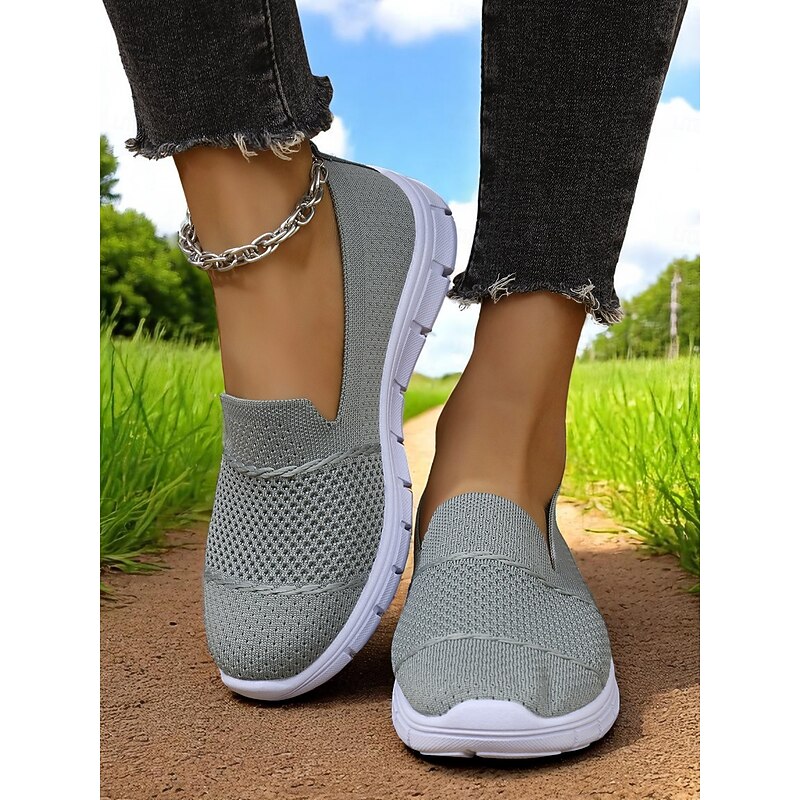 Women's Gray Flyknit Slip-On Sneakers – Everyday Trainers for Walking, Running Errands and Park Leisure