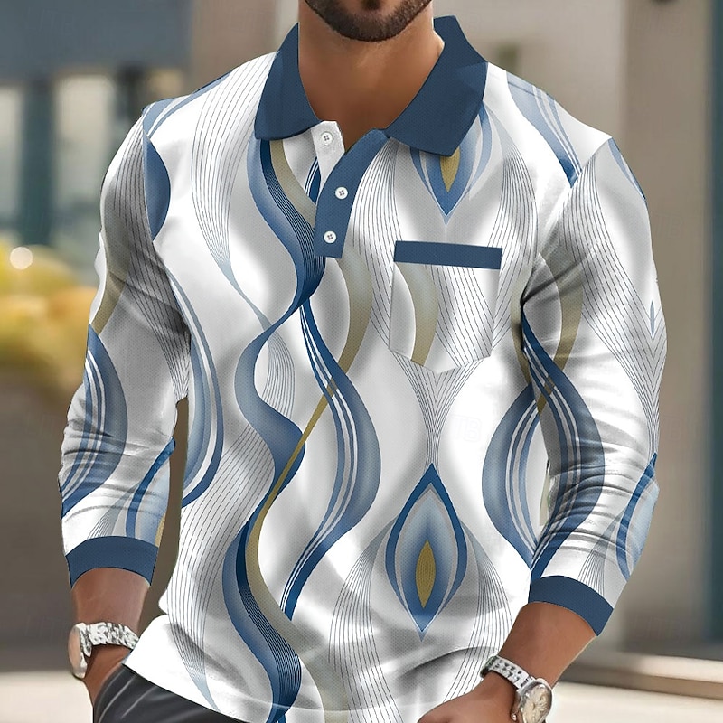 Men's Geometric Polo Long Sleeve Polo Shirts Collared Shirts Casual Business Casual Business Athleisure Daily Wear Buttons Pocket 3D Print Spring Fall Winter Blue Purple Green - Main Image