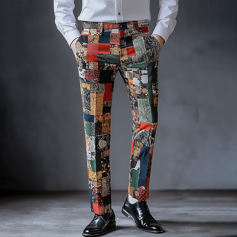 Men's Color Block Patchwork Dress Pants Trousers Suit Pants Mid Waist Vintage Retro Vacation Casual Regular Fit Flat-Front Straight Leg Pants with Pockets Summer Spring Fall 3D Print Blue Orange2