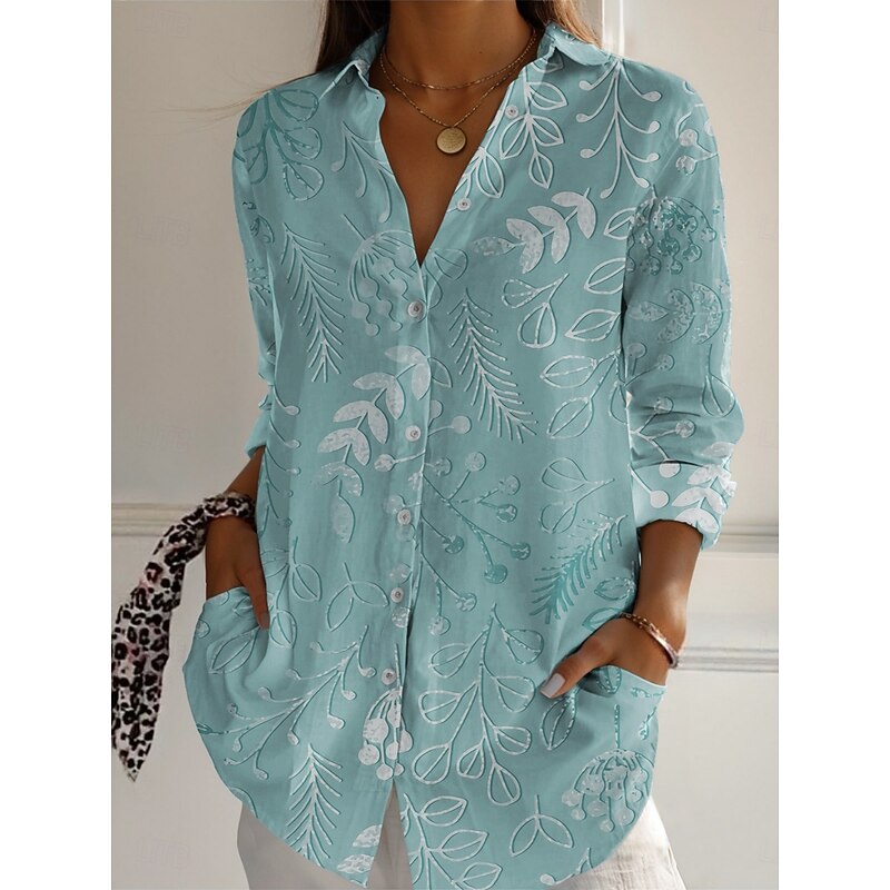 Women's Shirt Leaf Active Daily Stylish Long Sleeve Shirt Collar Regular Tops Daily Holiday Buttons Print Blue Purple Fuchsia Khaki Spring Fall4