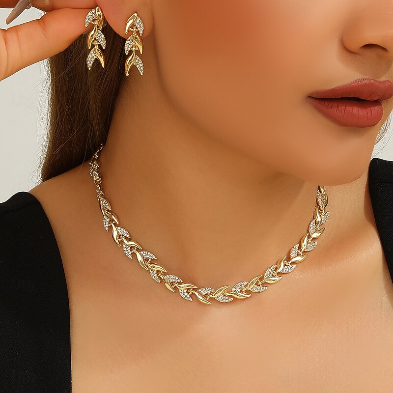 Jewelry Set Two-piece Suit Zircon Rhinestone 1 Necklace Earrings Women's Elegant Vintage Fashion Cute Fancy Leaf Blessed irregular Jewelry Set For Wedding Party Birthday