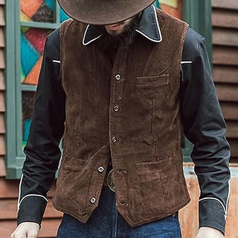 Men's Corduroy Vest Vest Gilet Outdoor Daily Vintage Spring Fall Pocket Buttons Nylon Comfortable Plain Single Breasted One-button V Neck Regular Fit Black Navy Blue Brown Green Vest - Main Image