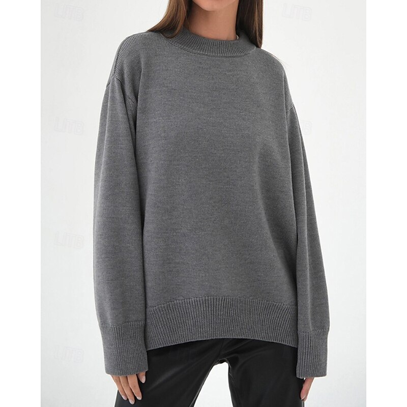 Women's Sweater Pullover Fashion Soft Solid Color Ribbed Crew Neck Knitted Long Sleeve Regular Tops Knit Holiday Going out Weekend White Brown Fall3