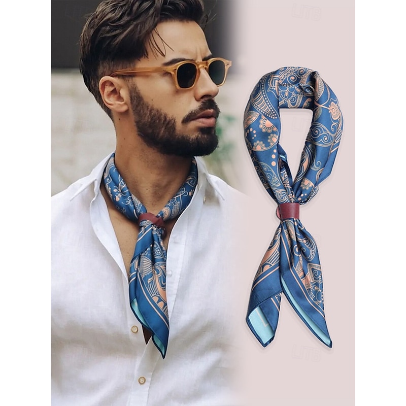 Men's Paisley Print Square Neck Scarf with Leather Buckle, Vintage Style Polyester Bandana for Outdoor Travel, Parties and Daily Fashion