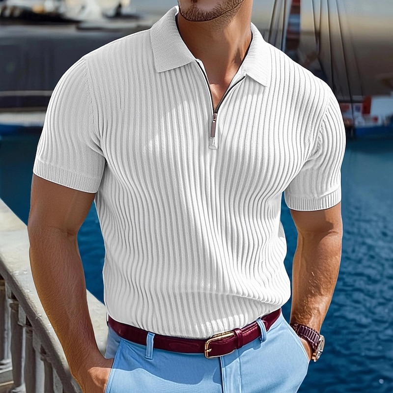 Men's Zip Polo Muscle Shirt Vacation Casual Lapel Quarter Zip Short Sleeve Fashion Basic Plain Ribbed Quarter Zip Summer Slim Fit Light Blue White Navy Blue Gray Zip Polo2
