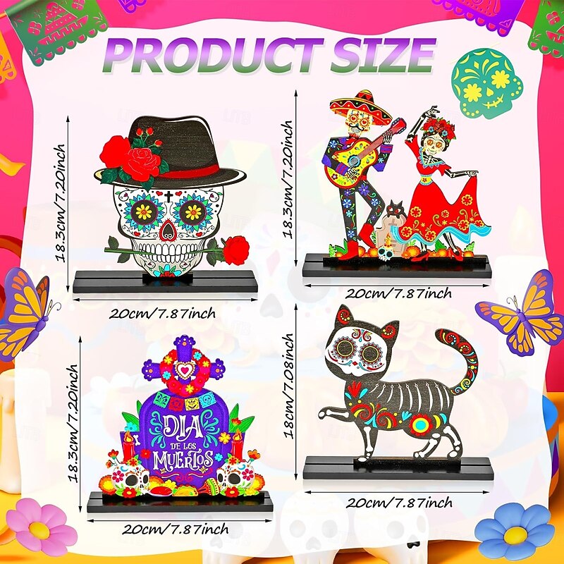 4PCS Wooden Day of the Dead Table Sign Centerpiece Decorations with Dancing Sugar Skulls, Ghost Skeletons, Couple Skulls, and Cat for Sacred Altar and Dining Table Decor2