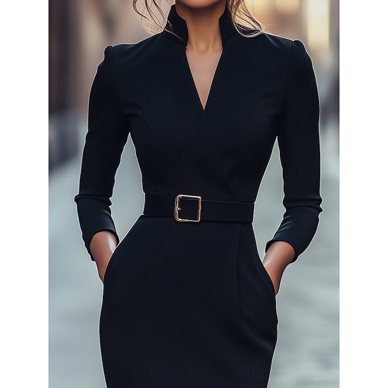 Black Column Cocktail Dresses Elegant Formal Wedding Guest Tea Length Long Sleeve Shirt Collar Belt / Sash Stretch Crepe with Slit2