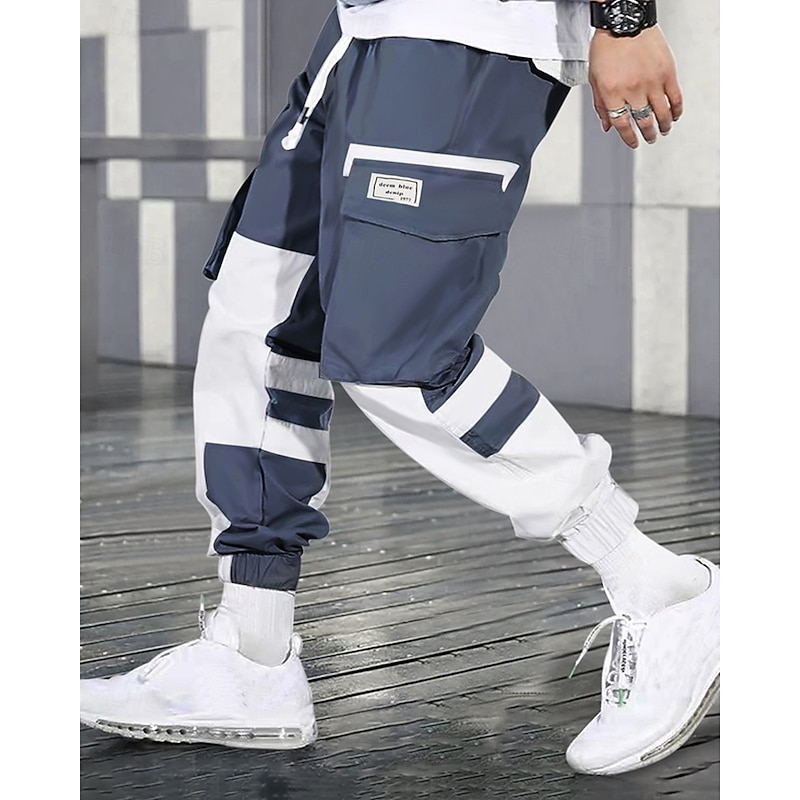 Men's Cargo Pants Trousers Techwear Elastic Waist Drawstring Multi Pocket Color Block Wearable Outdoor Daily Camping & Hiking Fashion Classic Black Blue4