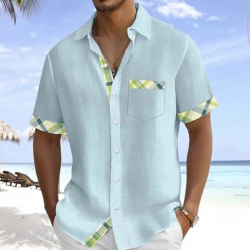 Men's Geometric Check Grid / Plaid Shirt Summer Shirt Button Up Shirt Short Sleeve Fashion Casual Vacation Holiday Streetwear Summer Turndown 3D Print Front One Pocket Linen Like Shirt Blue Green2