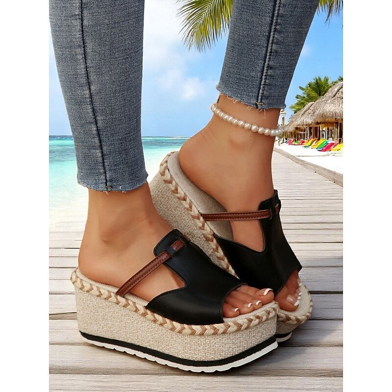 Women's Black Platform Espadrille Slide Sandals with Braided Jute Sole – Casual Beach Wedge Shoes for Summer Vacations, Resort Wear, and Coastal Outfits3