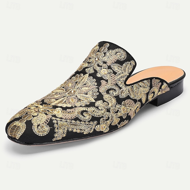Men's Black Premium Cowhide Mules with Gold Floral Embroidery – Luxury Slip-Ons for Formal Parties, Cocktail Events and Special Occasions2