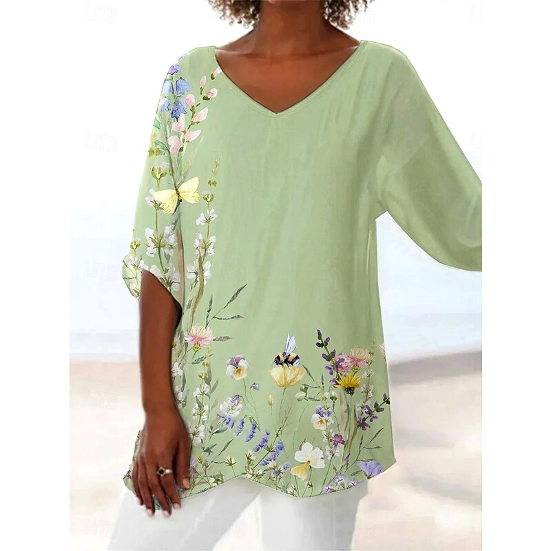 Women's Blouse Long Sleeve Asymmetrical Hem Floral Graphic Leaf Hawaiian Stylish Casual 3/4 Length Sleeve V Neck Regular Tops Daily Holiday Going out Print Asymmetric Hem Light Green Violet