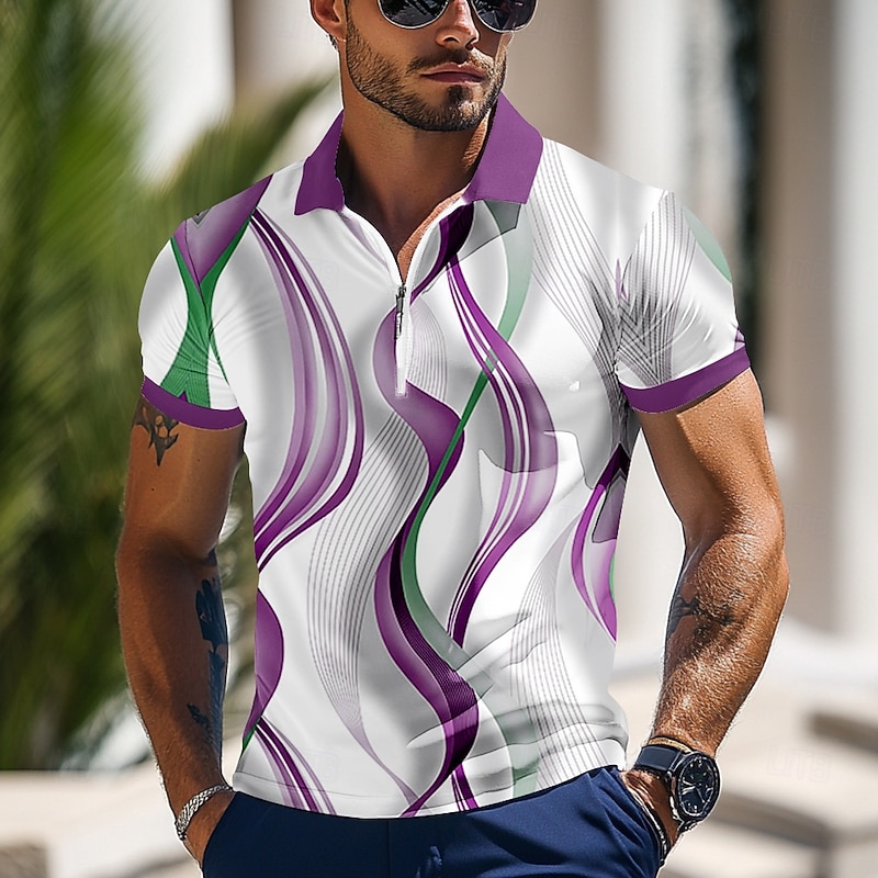 Men's Geometic Line Zip Polo Shirts Short Sleeve Polo Shirts Collared Shirts Business Casual Outdoor Athleisure 3D Print Summer Blue Purple Brown2