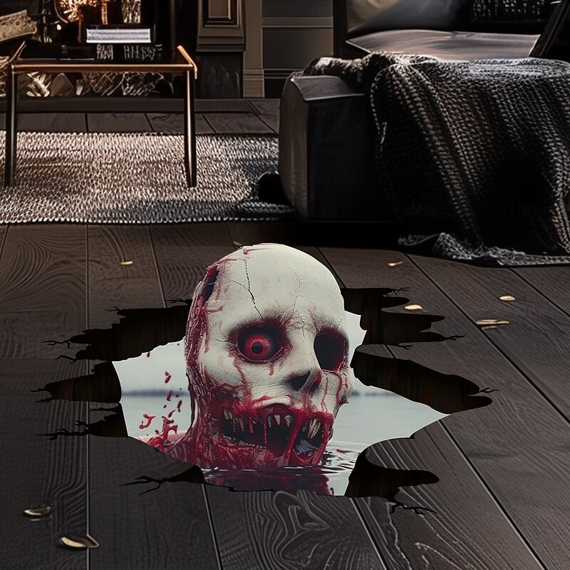 Halloween Floor & Wall Decal Sticker 3D Realistic Scary Zombie Peeking Breakthrough Design, Bloody Self-Adhesive Floor and Wall Decor for Holiday Party