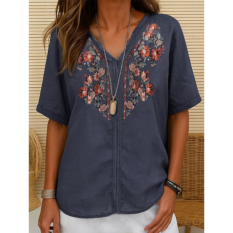 Women's Cotton Linen Shirt embroidery Plants Elegant Vintage Fashion Short Sleeve V Neck Regular Tops Daily Going out Weekend Embroidered Red Navy Blue Light Brown Summer Spring2