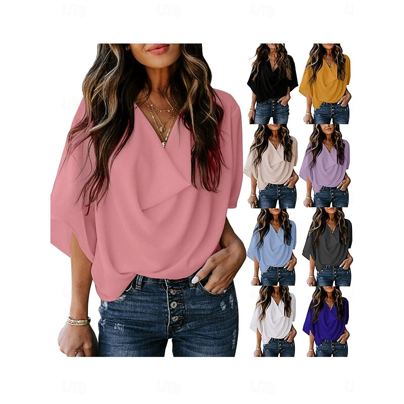 Women's Summer Tops Solid Color Plain Daily Stylish Casual Half Sleeve V Neck Regular Tops Work Daily Holiday Ruched Draped Black White Pink Blue Purple Summer Spring Fall