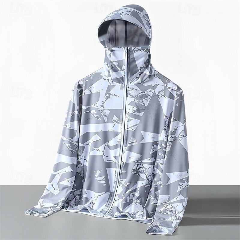 Men's Running Jacket Outdoor Jacket Full Zip Long Sleeve Outerwear Athletic Camouflage Sun Protection Quick Dry Lightweight UV Cooling Tennis Golf Running Sportswear Activewear Dark Grey White Blue