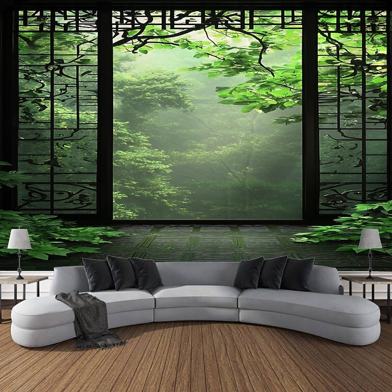 Vintage bamboo forest tree scenery tapestry decorative art blanket curtain hanging home bedroom living room decoration3