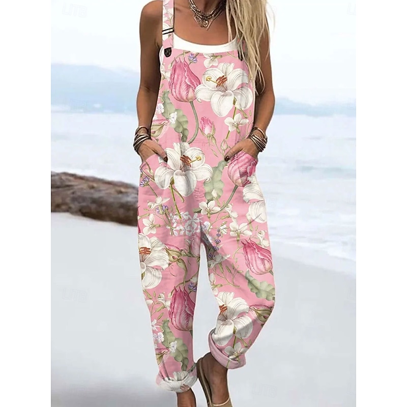 Women's Dungarees Active Floral Sleeveless with Pocket Vacation Daily Loose Fit Pink Blue Green Summer3
