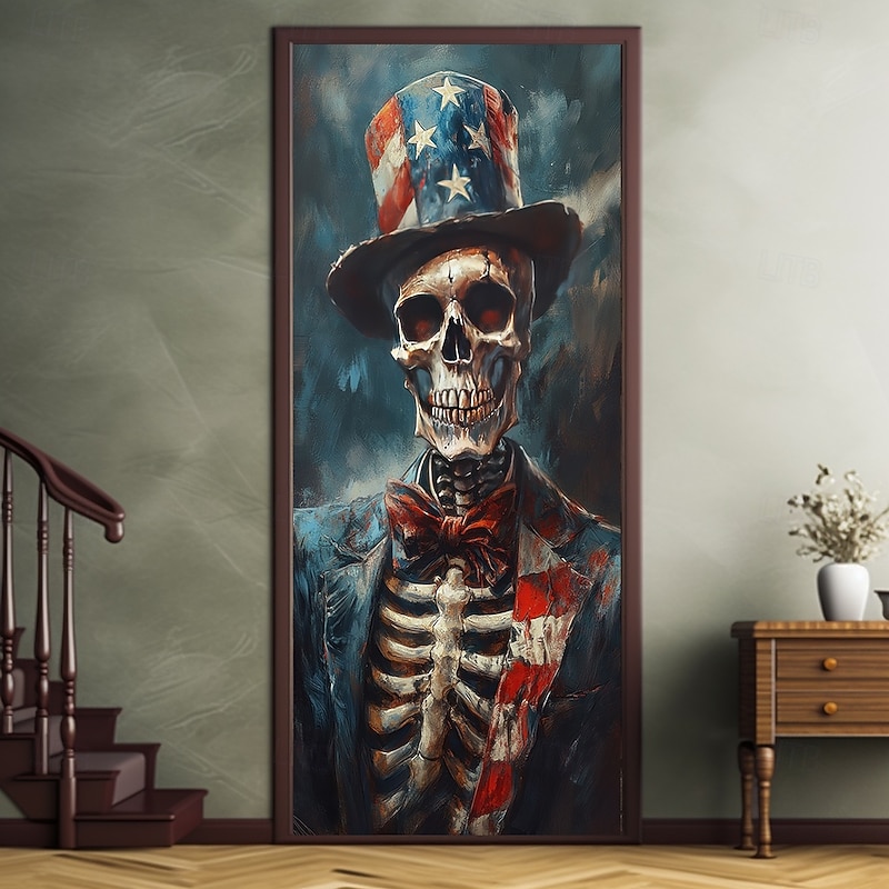 Halloween Skull Door Decorations Door Covers 4th of July Patriotic Independence Day Backdrop Indoor/Outdoor Door Banner for Front Door Farmhouse