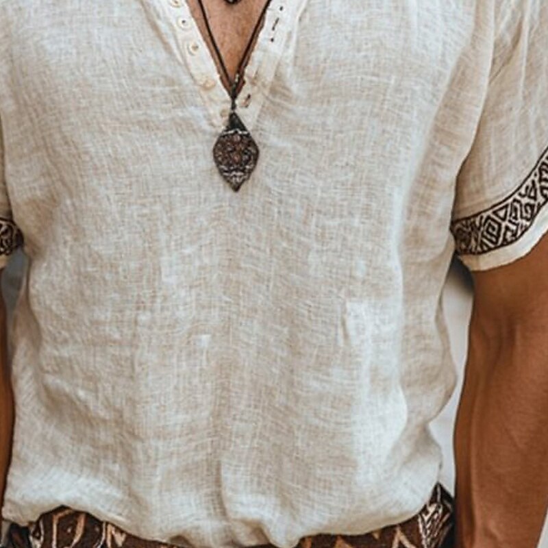 Men's T Shirt Henley Shirt Tee Short Sleeve Shirt Short Sleeve Henley Summer Patchwork Embroidery Bohemia Vintage Casual Buttons Vacation Street Casual Daily White Top Tee for Men3