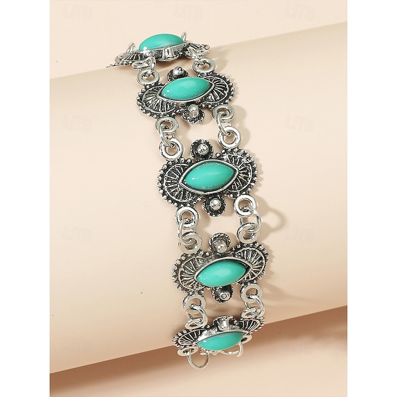 Women's Vintage Boho Turquoise Stone Bracelet – Antique Silver-Plated Chain Link Design for Casual Wear Parties and Gifts3