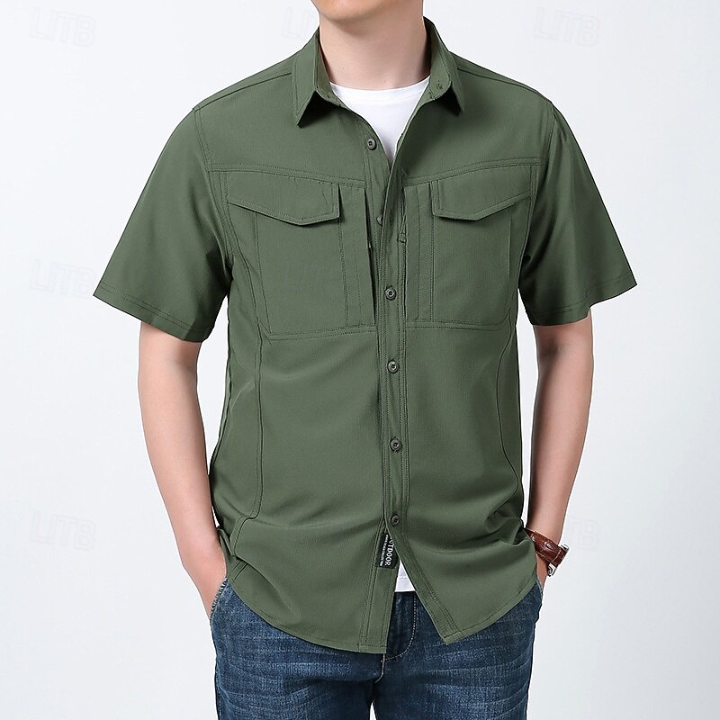 Men's Hiking Shirt Hiking top cargo shirt Short Sleeve Turndown Top Outdoor Quick Dry Lightweight Breathable Polyester Black Army Green Blue Tennis Golf Running4