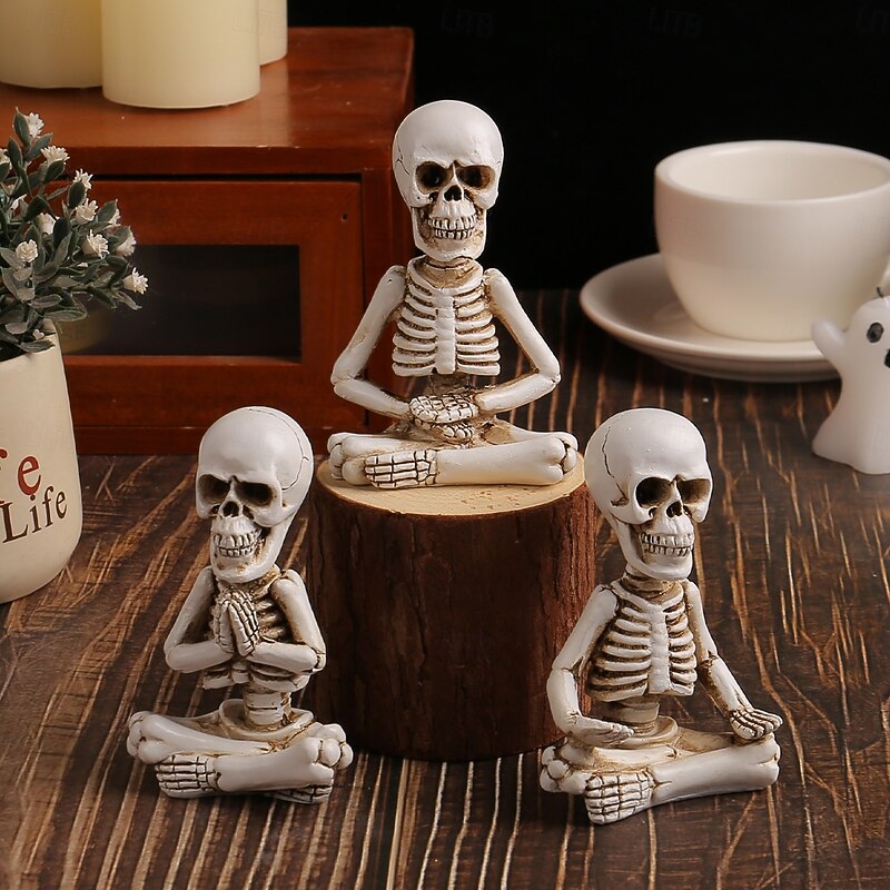 3pcs/set Halloween Meditation Skeleton Resin Figurine, Sitting Skull Tabletop Decor, Spooky Halloween Home Resin Craft, Ghost Festival Gift4
