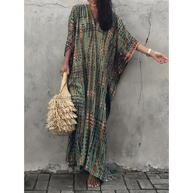 Women's Maxi Dress Sundress Vacation Casual Boho Outdoor Party Going out Regular Fit Geometric 3/4 Length Sleeve V Neck Yellow Red Blue Green Summer4