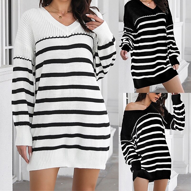 Women's Mini Dress Sweater Dress Casual Dress Fashion Outdoor Party Holiday Regular Fit Striped Long Sleeve V Neck Black White Fall
