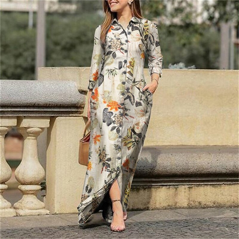 Women's Long Dress Maxi Dress Casual Dress Summer Dress Elegant Fashion Modern Daily Beach Weekend Regular Fit Flower 3/4 Length Sleeve Shirt Collar Yellow Purple Dark Blue Summer Spring2