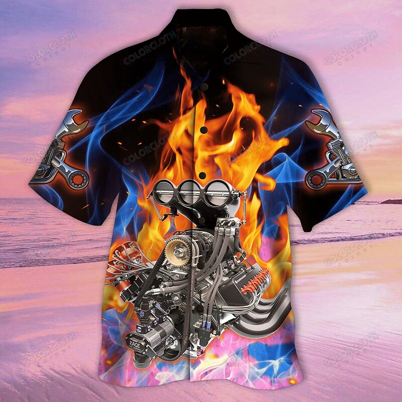 Men's Flame Machine Shirt Summer Hawaiian Shirt Aloha Shirt Short Sleeve Shirt Turndown Tropical Fashion Hawaiian Casual Hawaiian Holiday Black Yellow Blue S M L2