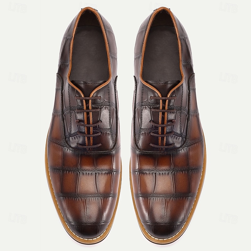 Men's Brown Genuine Cowhide Leather Crocodile-Pattern Dress Shoes – Classy Lace-Up Shoes for Business, Work and Evening Events4