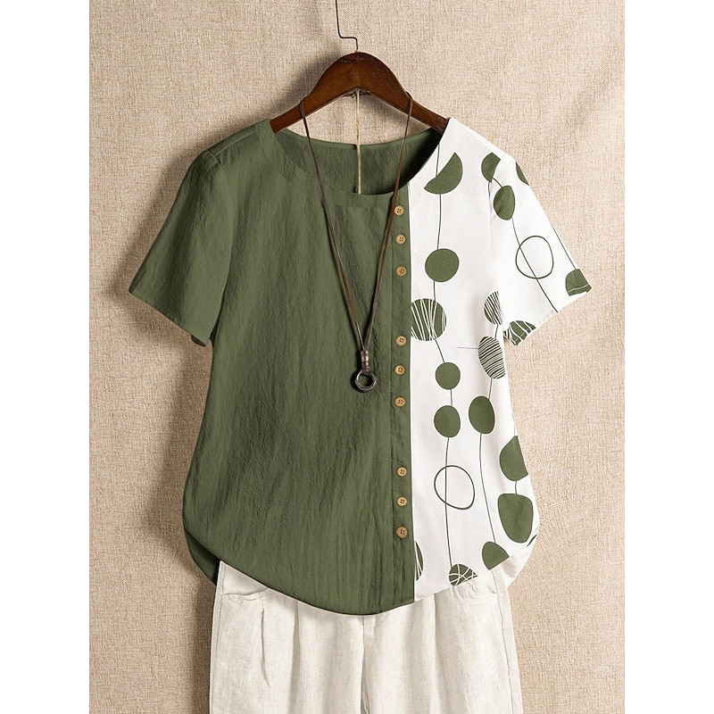 Women's Shirt Blouse Graphic Polka Dot Basic Short Sleeve Crew Neck Regular Tops Holiday Buttons Print White Navy Blue Green Summer Spring